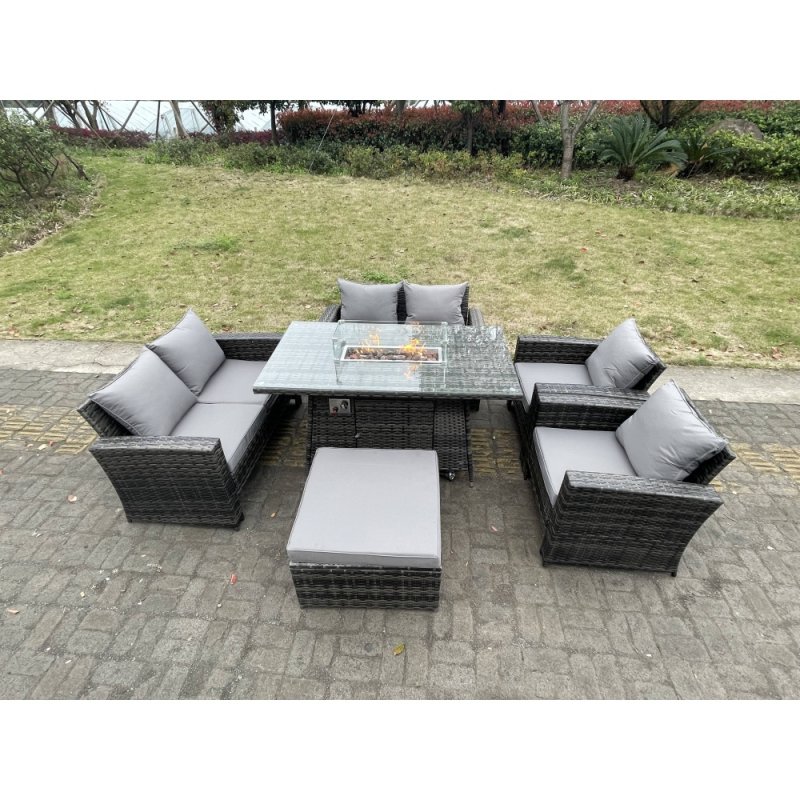 Fimous Rattan Outdoor Furniture Gas Fire Pit Rectangle Dining Table Gas Heater Chairs Two Seater Love Sofa Sets Big Footstools 7 Seater