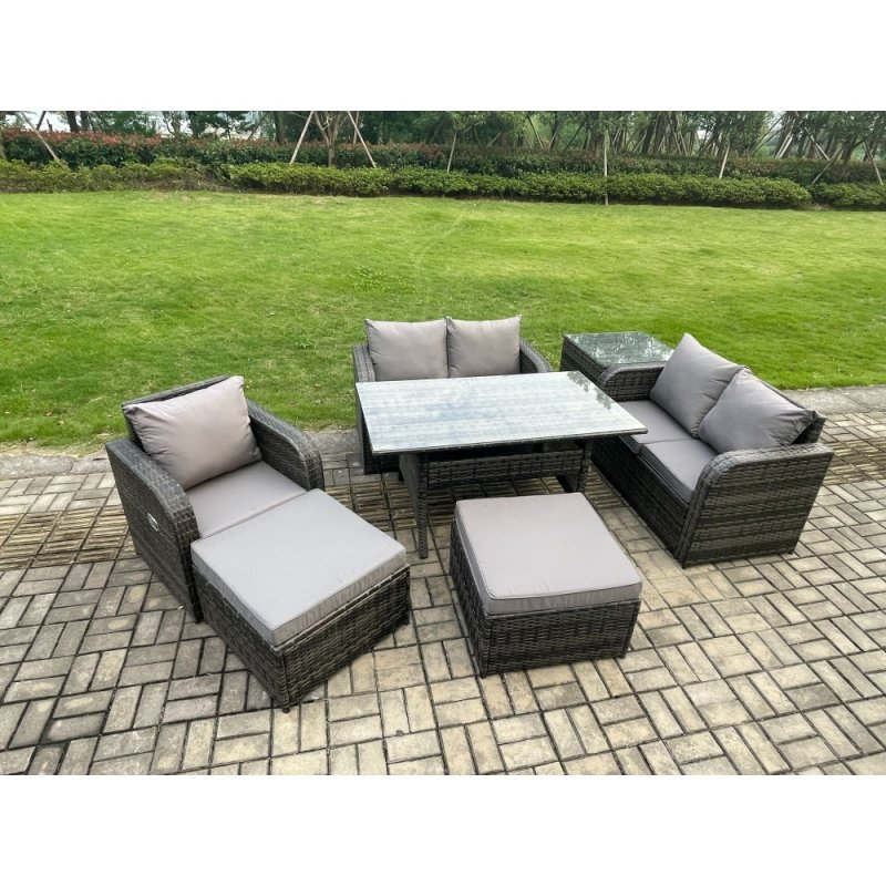Fimous Lounge Rattan Sofa Set Outdoor Garden Furniture Oblong Rectangular Dining Table With Chairs 2 Big Footstool Side Table 7 Seater Dark Grey Mixed