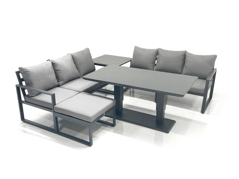 Fimous 7 Seater Aluminium Outdoor Garden Furniture Set with Adjustable Rising Lifting Dining Table 3 Seater Sofa Big Footstool Side Table Dark Grey