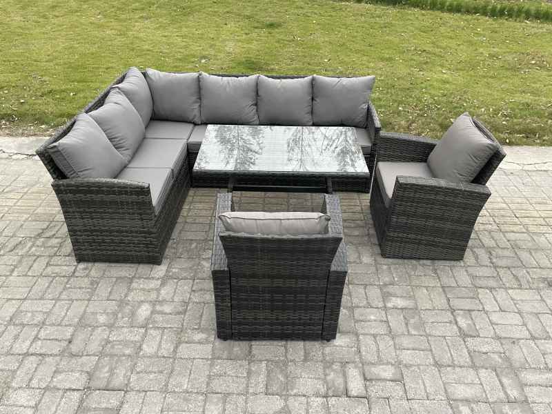 Fimous Wicker Rattan Garden Furniture Corner Sofa Set with Oblong Dining Table 2 Armchairs 8 Seater Outdoor Rattan Set Dark Grey Mixed