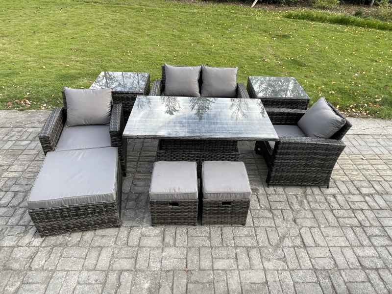 Fimous High Back Rattan Garden Furniture Sofa Sets with Height Adjustable Rising Lifting Table 2 Side Tables 3 Footstools Dark Grey Mixed