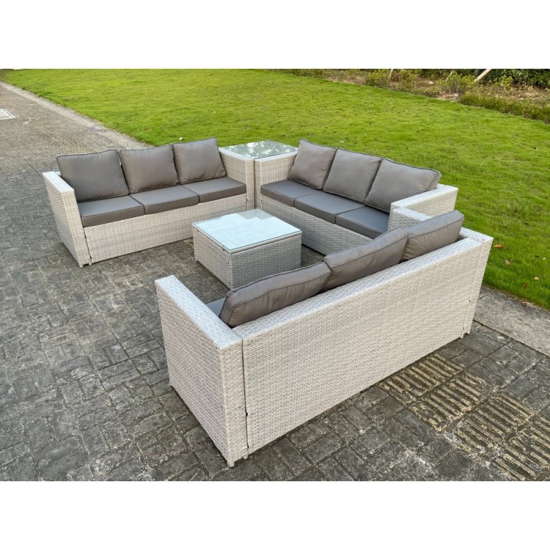 Fimous Light Grey Lounge Outdoor PE Rattan Garden Furniture Set PE Wicker Sofa Set Square Coffee Table Side Table 6 Seater
