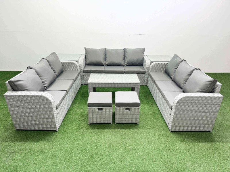 Fimous PE Rattan Lounge Sofa Set 11 Seater Outdoor Garden Furniture Set with Oblong Coffee Table 3 Seater Sofa 2 Stools 2 Side Table Light Grey