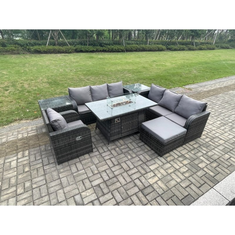Fimous Rattan Outdoor Furniture Gas Fire Pit Rectangle Dining Table Gas Heater Reclining Chair 3 Seater Sofa Sets with Big Footstool 2 Side Tables 8 Seater