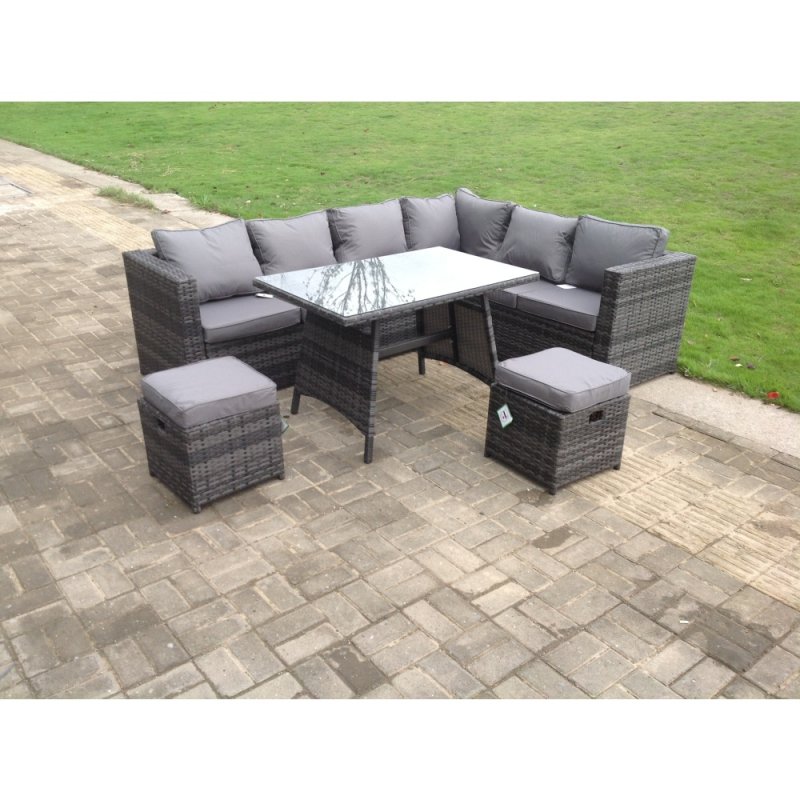 Dark Mixed Grey Rattan Garden Outdoor Corner Sofa Set Rectangular Dining Table Small Footstools 8 Seater