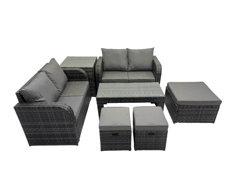 Fimous 3 Seater Sofa Reclining Chair Coffee Table Set Rattan Garden Outdoor Furniture Set with Side Table 3 Stools Dark Grey Mixed
