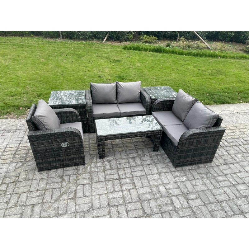 Fimous Rattan Outdoor Garden Furniture Sofa Set Patio Table & Chairs Set with 2 Side Tables Dark Grey Mixed