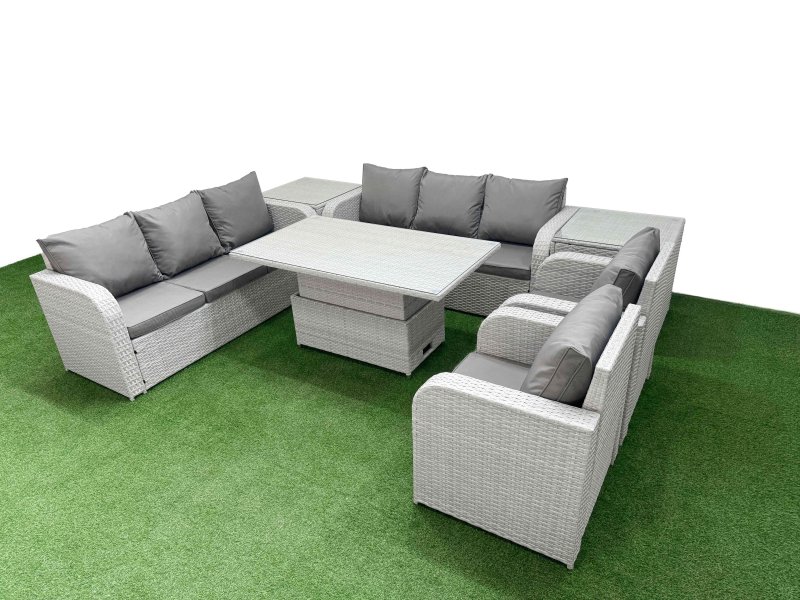 Fimous PE Rattan High Back Lounge Sofa Set Patio Adjustable Lifting Dining or Coffee Table & Chairs Set with 3 Seater Sofa Reclining Chair 2 Side Table Light Grey