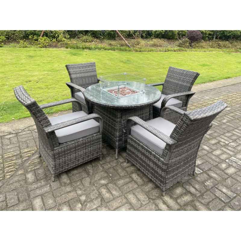 Fimous Rattan Garden Furniture Gas Fire Pit Rectangle Round Dining Table And Dining Chairs 4 Seater + Round Table