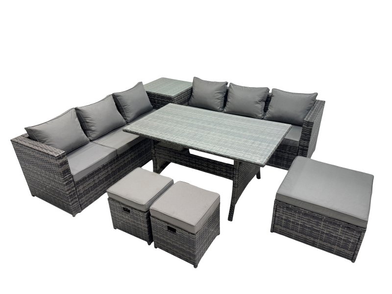 Fimous 9 Seater Outdoor Corner Sofa Dining Table Set Garden Rattan Furniture Set with Side Table 3 Stools Dark Grey