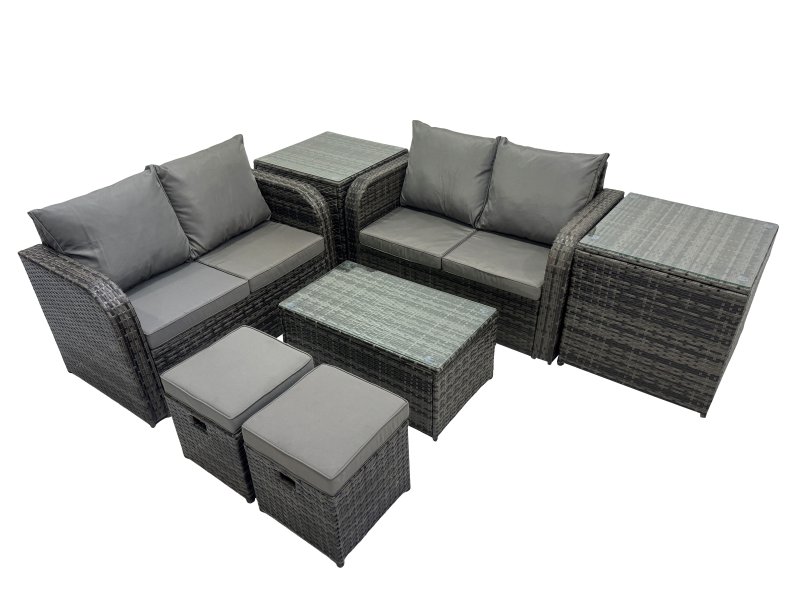 Fimous Outdoor Love Sofa Coffee Table Set Garden Rattan Furniture Set 6 Seater with 2 Small Stools 2 Side Tables Dark Grey