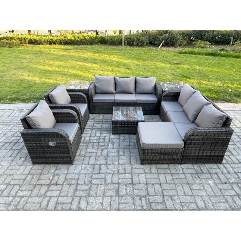 Fimous High Back Rattan Garden Furniture Set with Square Coffee Table 2 Side Tables Big Footstool Indoor Outdoor Patio Lounge Sofa Set Dark Grey Mixed