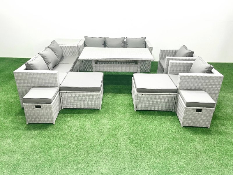 Fimous Rattan Garden Furniture Dining Set 12 Seater Lounge Sofa Chair Dining Table Set with 4 Footstools Side Table Light Grey Mixed