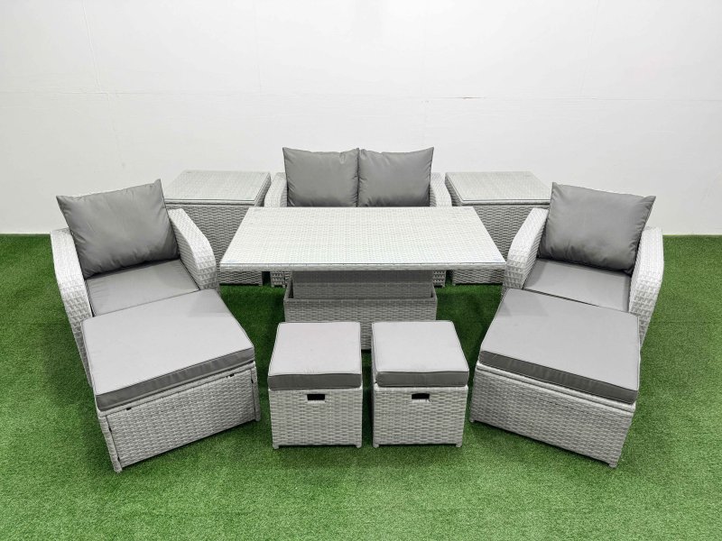 Fimous 10 PCs Rising Dining Table Set Reclining Chair Inclining Love Sofa Seat 2 Big Footstool 2 Small Stool 2 Side Table Light Grey