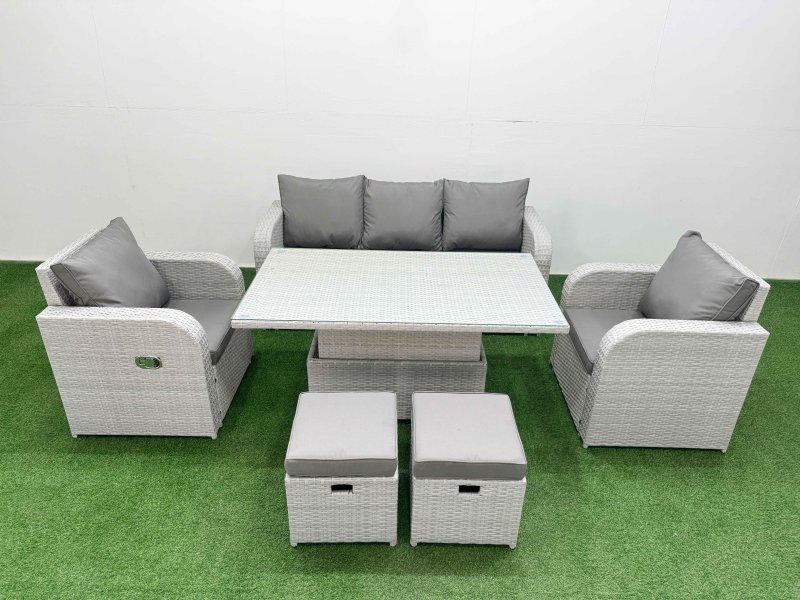 Fimous PE Rattan Garden Furniture Set Reclining Chair Sofa Lounge Sofa Set Adjustable Lifting Dining or Coffee Table 2 Small Stools Light Grey