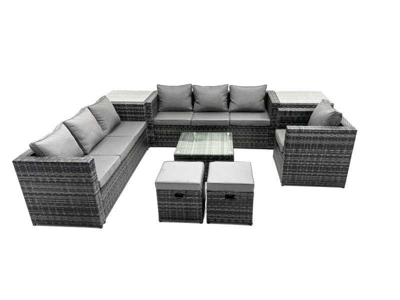 Fimous Rattan Garden Furniture Dining Set 9-seater Patio Coffee Table Sofa Set with 2 Side Tables 2 Small Stools Dark Grey Mixed
