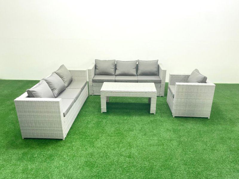 Fimous Wicker PE Rattan Sofa Garden Furniture Set with Oblong Coffee Table Armchair Light Grey Mixed