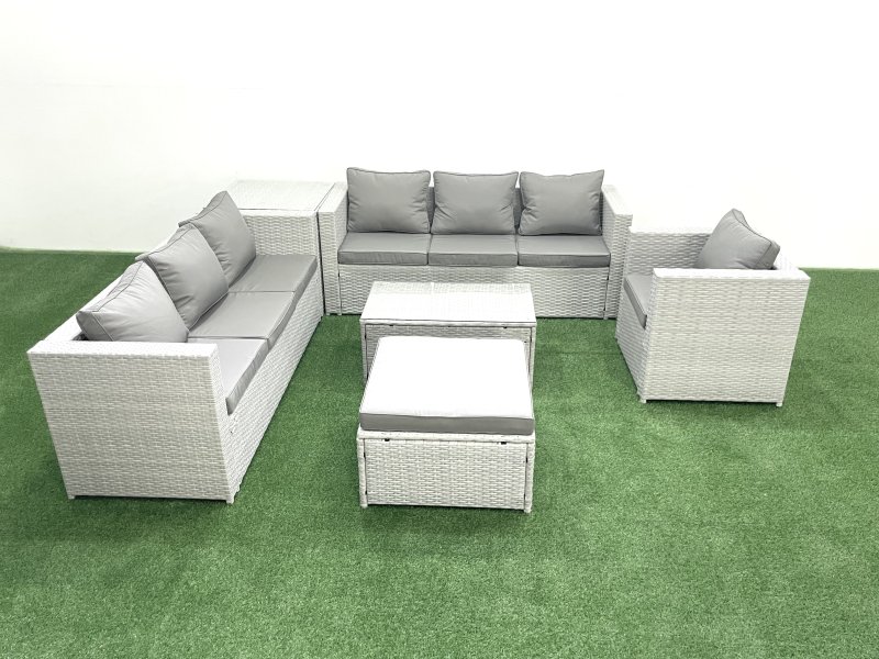 Fimous Wicker PE Rattan Sofa Garden Furniture Set with Armchair Oblong Coffee Table Big Footstool Side Table Light Grey Mixed