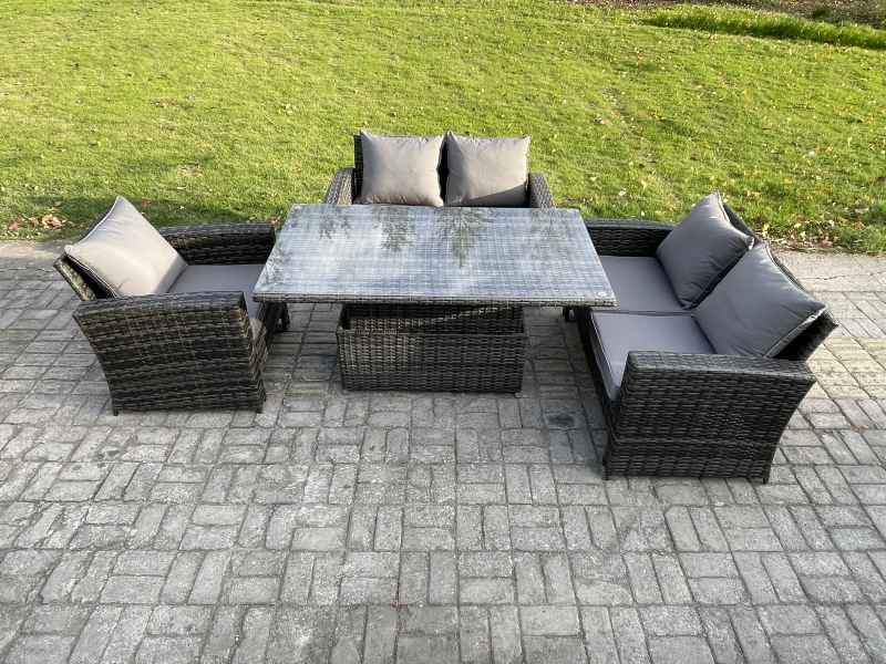 Fimous 4pcs Rattan Outdoor Garden Furniture Sofa Set Height Adjustable Rising Lifting Table Dark Grey Mixed