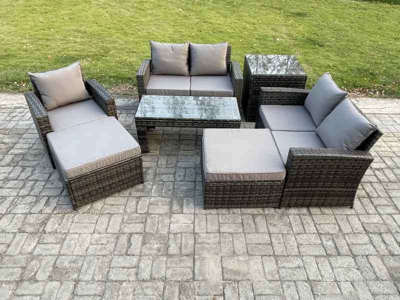 Fimous 7 Seater Outdoor Rattan Patio Furniture Set Garden Lounge Sofa Set with Side Table 2 Big Footstool Coffee Table Dark Grey Mixed
