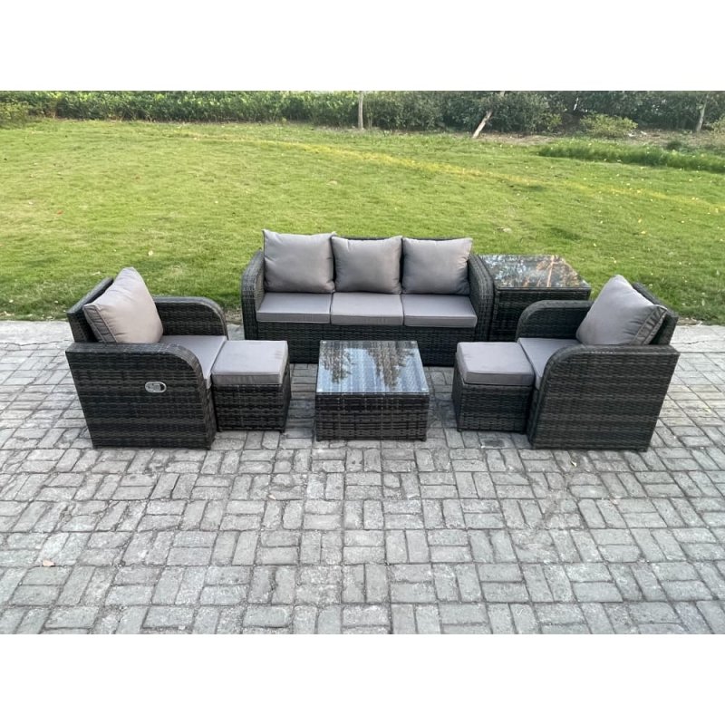 Fimous Garden Furniture Sets 7 Seater Wicker Rattan Furniture Patio Sofa Sets with Reclining Chair 3 Seater Sofa Side Table 2 Small Footstools Dark Grey Mixed