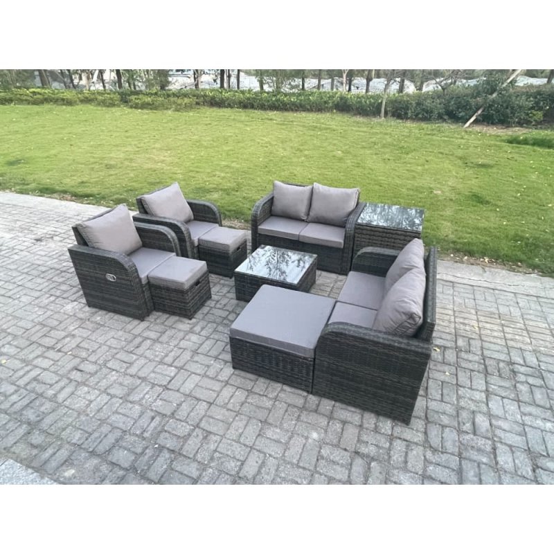 Fimous Garden Furniture Set Rattan Outdoor Lounge Sofa Chair With Tempered Glass Table 3 Footstools Side Table Dark Grey Mixed