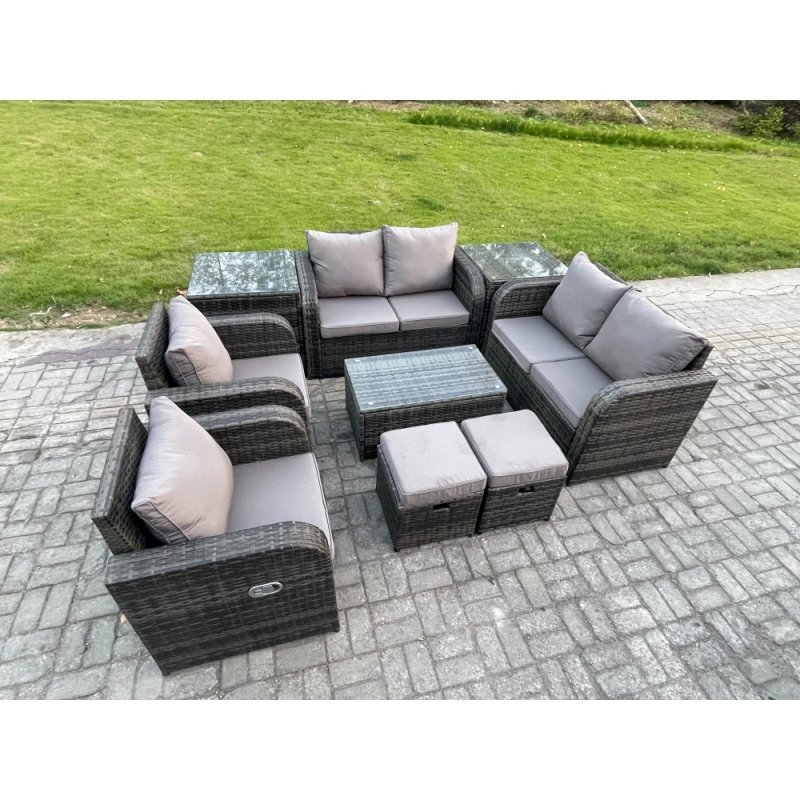 Fimous 8 Seater Rattan Garden Furniture Set Patio Outdoor Lounge Sofa Set with Rectangular Coffee Table 2 Small Footstools Love Sofa 2 Side Tables Dark Grey Mixed