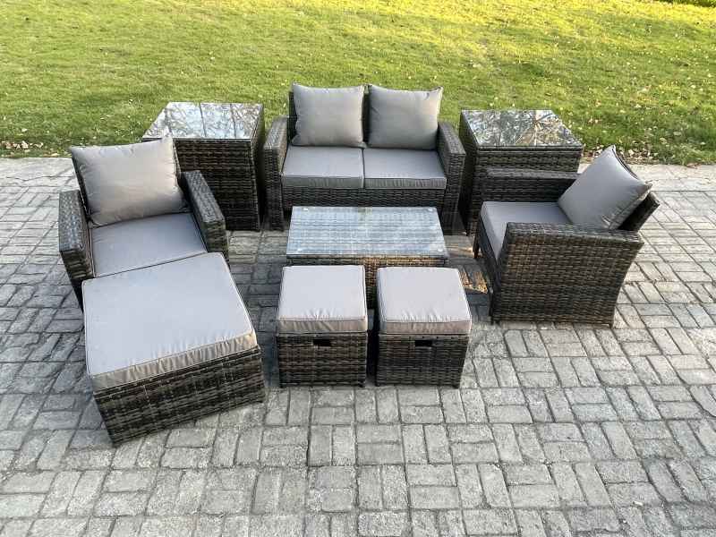 Fimous 7 Seater Dark Grey Outdoor Rattan Garden Furniture Set Patio Lounge Sofa Rectangular Coffee Table with 2 Side Table 3 Footstools