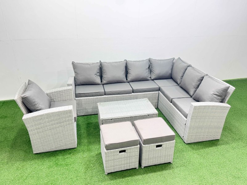 Fimous Garden Outdoor PE Rattan Furniture Set 9 Seater Rattan Garden Sofa Set with 2 Small Footstools Light Grey Mixed