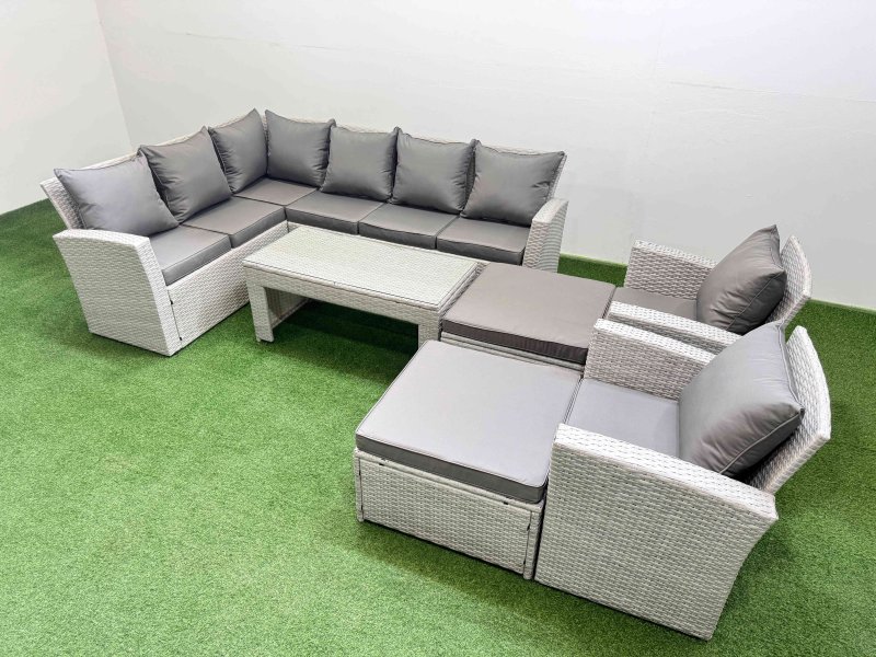 Fimous Rattan Garden Furniture Set Outdoor 10 Seater Corner Sofa Sets with Oblong Coffee Table Chair Big Footstools Light Grey Mixed
