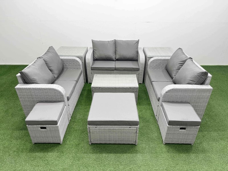 Fimous 9 Seater PE Wicker Rattan Furniture Sofa Sets with Rectangular Coffee Table 2 Seater Love Sofa 3 Stool 2 Side Table Light Grey