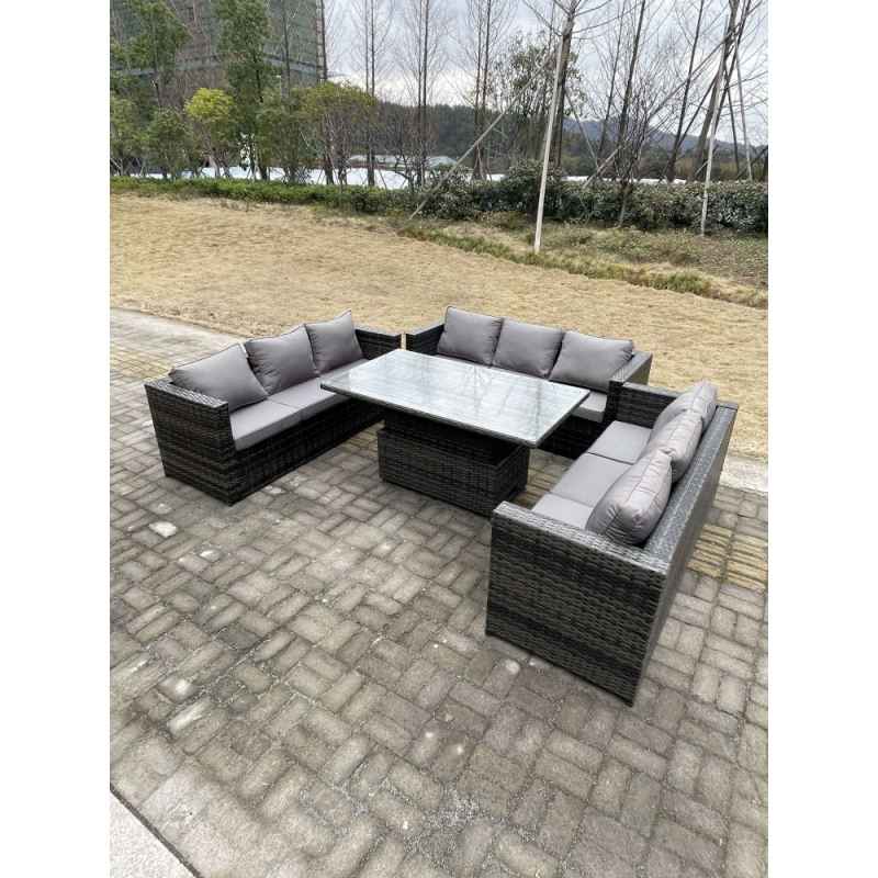 Fimous 9 Seater?Outdoor Garden Furniture Rattan Sofa Set Adjustable Rising Lifting Dining Table Dark Grey Mixed