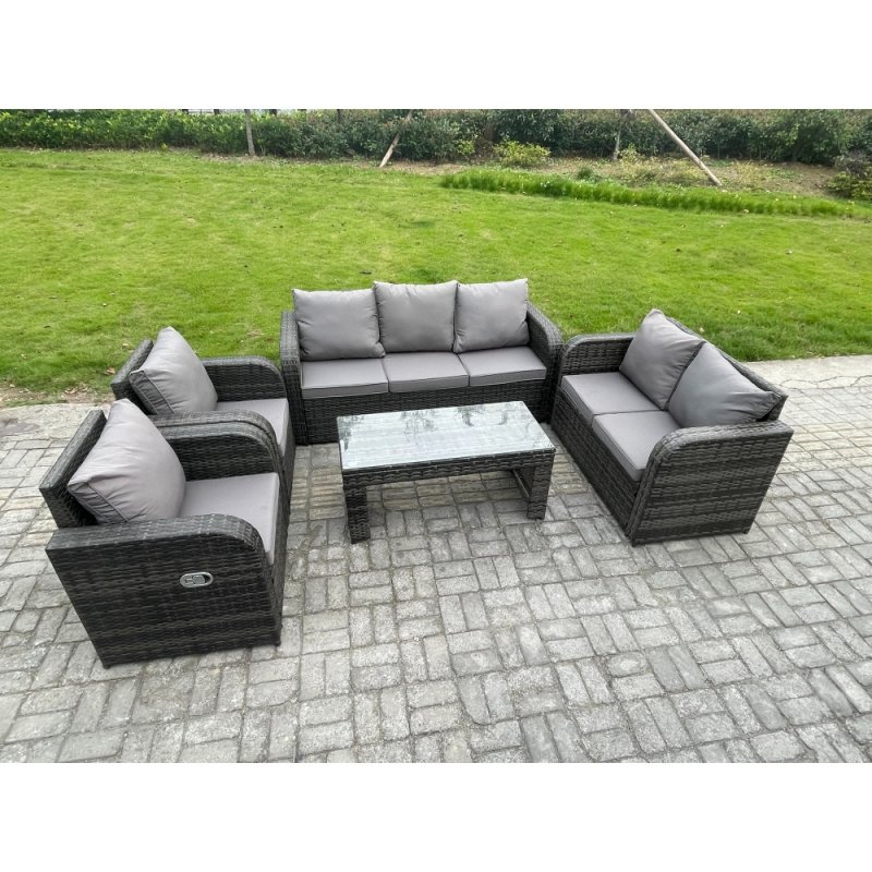 Fimous Patio Garden Furniture Sets Wicker 7 Seater Outdoor Rattan Furniture Sofa Sets with Rectangular Coffee Table Reclining Chair Love seat Sofa