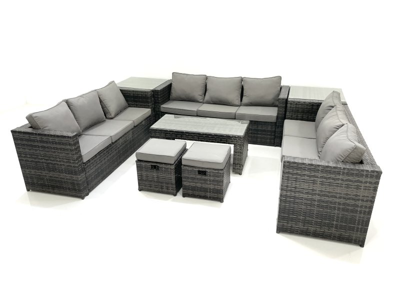 Fimous Outdoor Garden Furniture Set 11 Seater Rattan Sofa Set with Coffee Table 2 Small Footstools 2 Side Tables Dark Grey Mixed