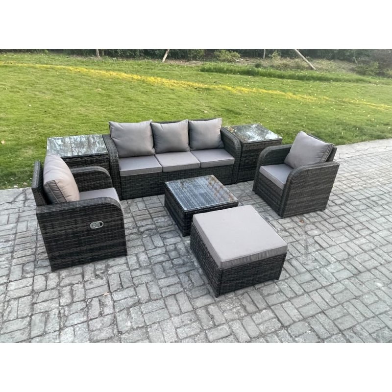 Fimous Garden Furniture Sets 6 Pieces Wicker Rattan Furniture Patio Sofa Sets with Reclining Chair 3 Seater Sofa 2 Side Tables Big Footstool Dark Grey Mixed