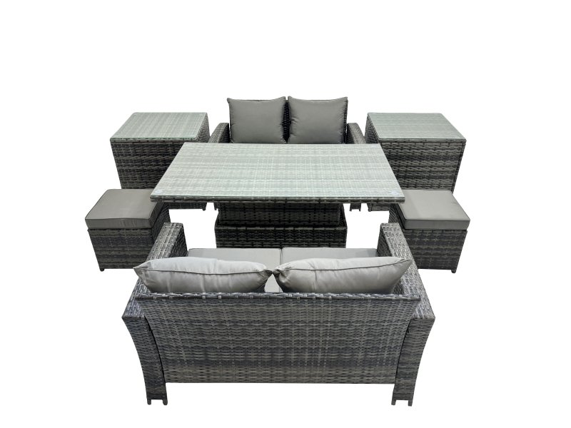 Fimous Outdoor Love Sofa Set 6 Seat Rattan Garden Furniture Set with Adjustable Lifting Dining or Coffee Table Dark Grey Mixed