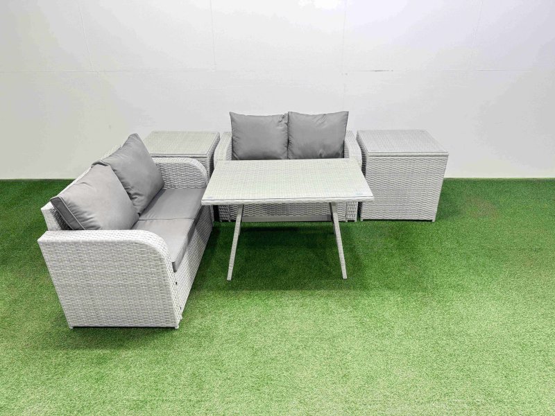 Fimous 4 Seat Outdoor Love Sofa Set Rattan Garden Furniture Set with Rectangular Dining Table 2 Side Tables Light Grey