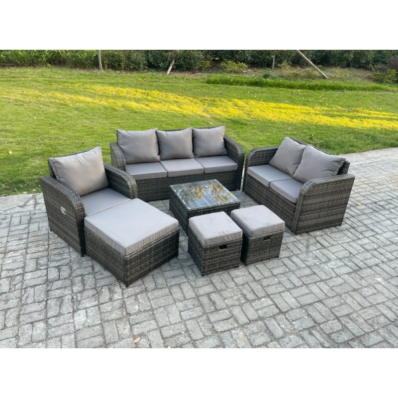Fimous Rattan Garden Furniture 7 Piece Patio Set With Table Sofa Square Coffee Table Reclining Chair Love seat sofa Side 3 Seater Sofa 3 Footstools