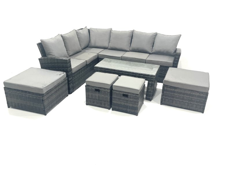 Fimous 10 Seat Rattan Garden Furniture Corner Sofa Set Outdoor Patio Sofa Chair Table Set with 2 Small Footstools 2 Big Footstools Dark Grey Mixed