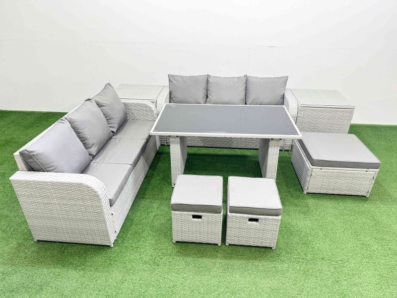 Fimous 9 Seater Rattan Outdoor Dining Table 3 Seater Sofa Set with 2 Side Tables 3 Stools Light Grey