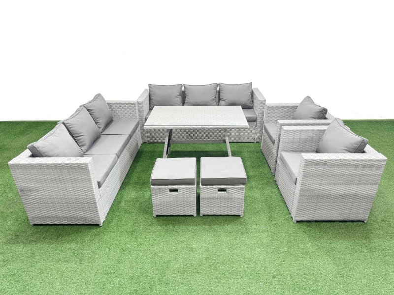 Fimous 10 Seater Garden Furniture Set PE Ratten Garden Sofa Set with Rectangular Dining Table 2 Small Stools Light Grey