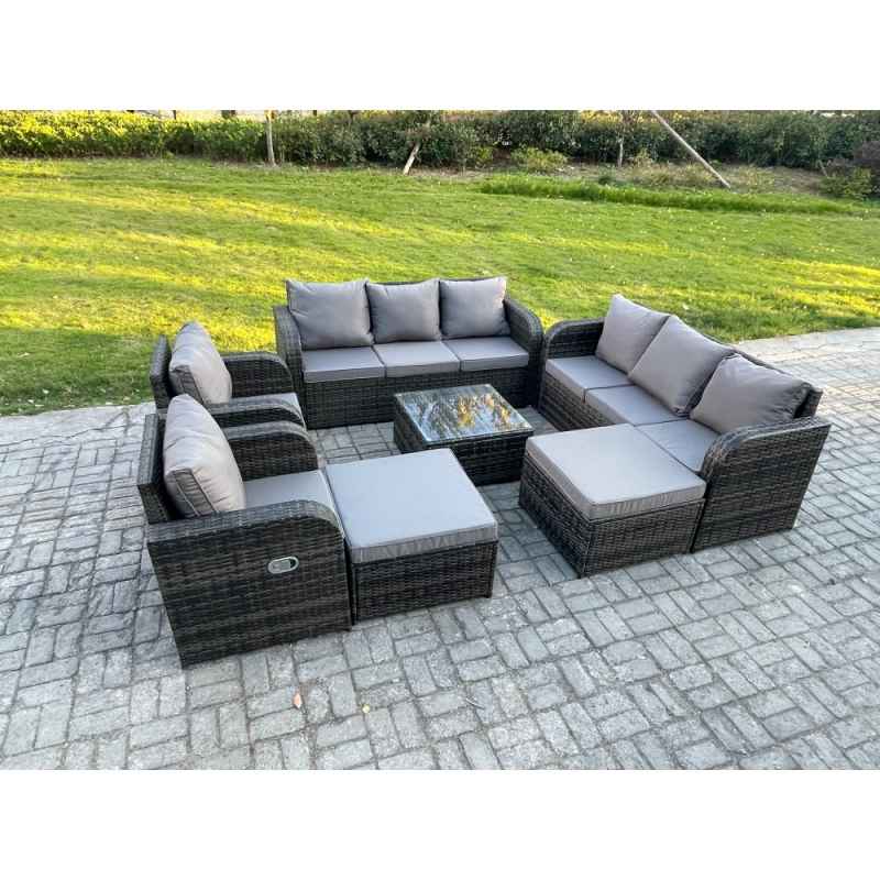Fimous 10 Seater Outdoor Rattan Garden Furniture Set Conservatory Patio Sofa Coffee Table With 2 Big Footstool Dark Grey Mixed