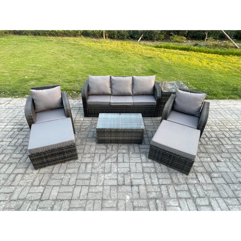 Fimous 7 Seater Rattan Garden Furniture Set Patio Outdoor Lounge Sofa Set with Rectangular Coffee Table 2 Big Footstool 3 Seater Sofa Side Table Dark Grey Mixed