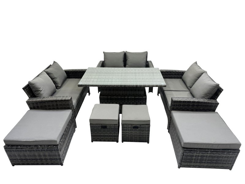 Fimous Outdoor Love Sofa Set 10 Seat Rattan Garden Furniture Set with Adjustable Lifting Dining or Coffee Table Dark Grey Mixed