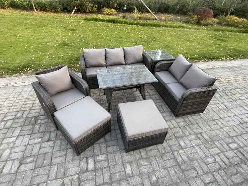 Fimous 7 PCS Outdoor Lounge Sofa Set Wicker PE Rattan Garden Furniture Set with Rectangular Dining Table Armchair 2 Big Footstool Side Table Dark Grey Mixed