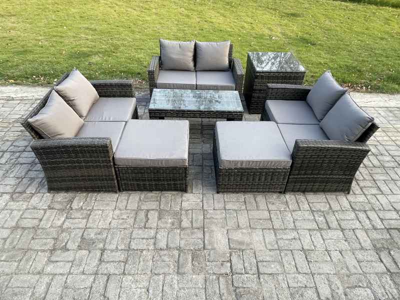 Fimous Outdoor U Shape Sofa Set Wicker PE Rattan Garden Furniture Set with Coffee Table Double Seat Sofa 2 Big Footstool Side Table Dark Grey Mixed