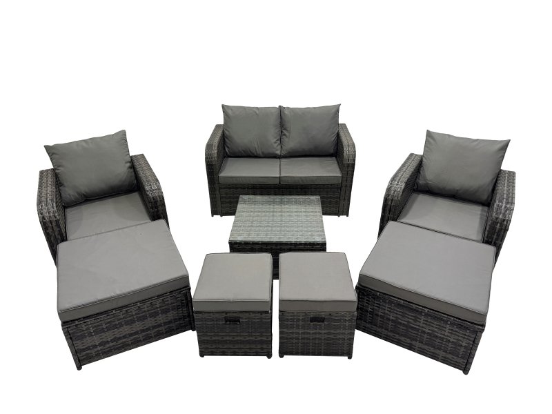 Fimous Rattan Garden Outdoor Furniture Set Love Sofa Reclining Chair Square Coffee Table Set with 4 Stools Dark Grey Mixed