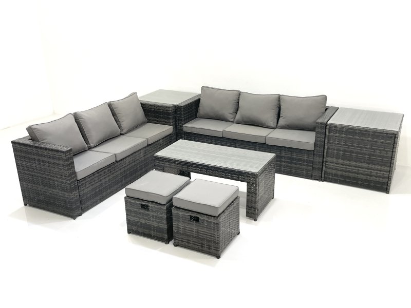 Fimous Garden Outdoor Rattan Furniture Set with Sofa Coffee table 2 Small Footstools 2 Side Tables Dark Grey Mixed