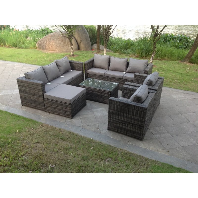 Fimous Outdoor Rattn Garden Furniture Sofa Set Rectangular Coffee Table Lounge Sofa Chair Footstool Converstory Dark Mixed Grey
