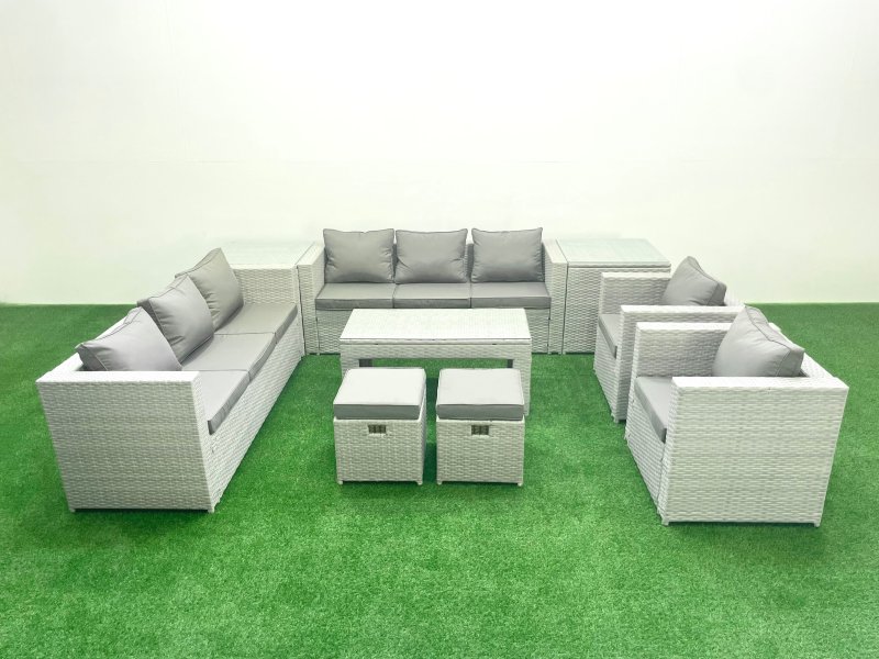 Fimous Outdoor Garden Furniture Rattan Sofa Set with 2 Armchairs Oblong Coffee Table 2 Small Footstools 2 Side Tables Light Grey Mixed